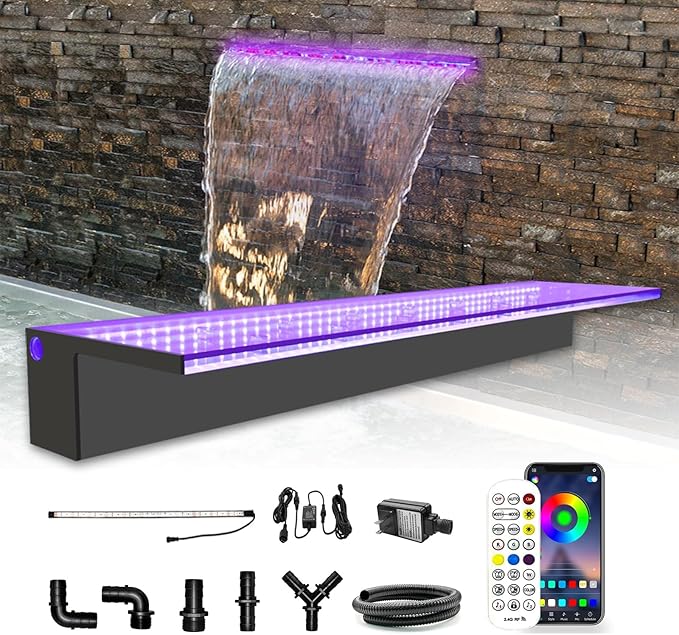 LONGRUN 90cm Pond Waterfall Blade,Acrylic Pool Fountain with RGB Bluetooth LED Light, Complete Waterfall & Stream Kits for Outdoor Water Features