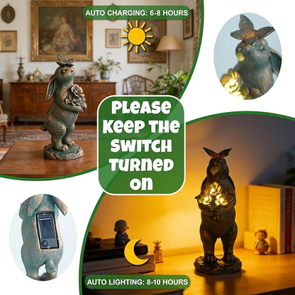 Solar Garden Statues, Resin Bunny Statue w/ Flower, Waterproof Figurine Rabbit Solar Lantern for Outside Yard Outdoor Home Patio Lawn, Solar Animal Lights for Adults Women Birthday Easter Gifts