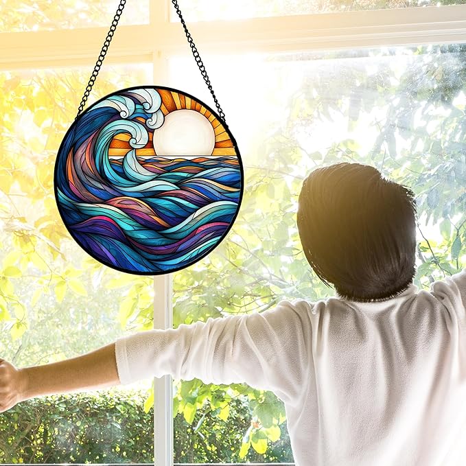 DASTOLL Stained Glass Window Hanging, Big Wave Sun Suncatcher Diamond Glass Panel Hangings Abstract Sun Catchers Decor for Birthday for Women, Men, Wife, Aunt,and Mom 6.3X6.3IN