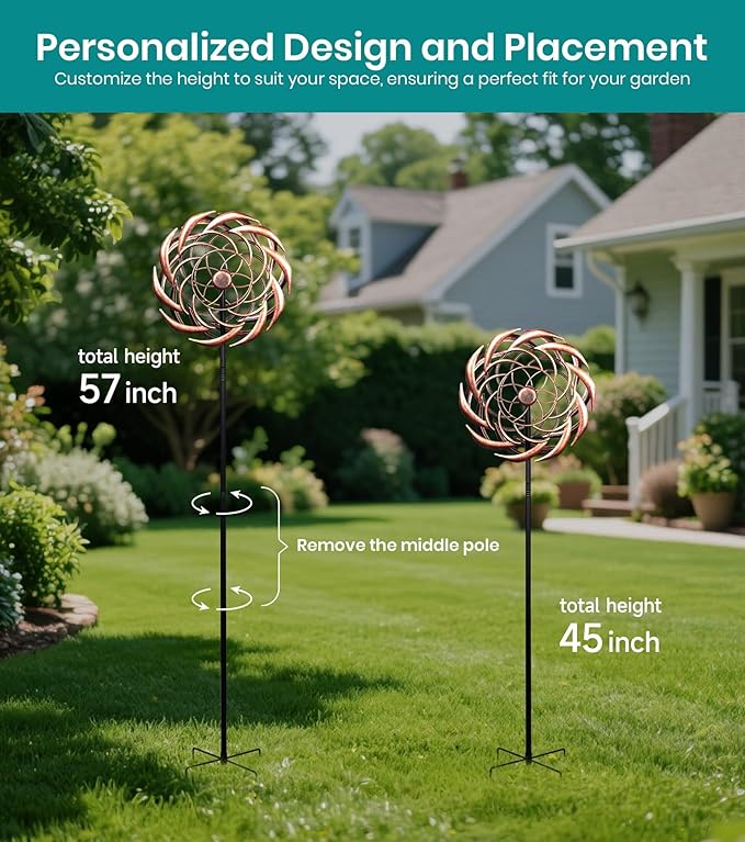 360° Copper Garden Wind Spinners Outdoor for Yard & Garden – W13xH63 Copper Metal Kinetic Sculpture Inspired by Bronze Sundial – Elegant Outdoor Decor