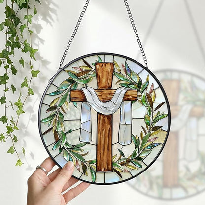 7.9 Inch Cross and Olive Leaves Stained Glass Suncatcher, Cross Sunset Suncatchers for Windows Hanging Indoor Decor, Stained Glass Gift, Christian Gifts, Religious Gifts, Window Decor