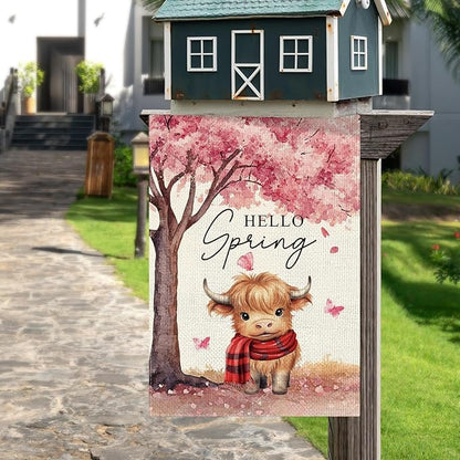 DLZDN Hello Spring Highland Cow Garden Flag Cherry Blossom Floral Butterfly Flag 12×18 Inch Double Side Vertical Burlap Farmhouse Yard Flag Seasonal Outdoor House Decoration