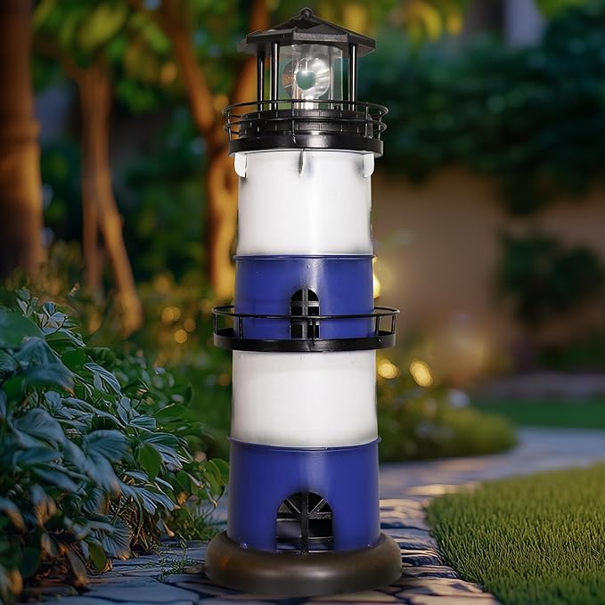 Solar Metal Lighthouse - Outdoor Garden Lighthouse with Rotating LED Light, Water Resistant, Blue, Round