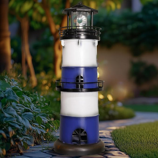 Solar Metal Lighthouse - Outdoor Garden Lighthouse with Rotating LED Light, Water Resistant, Blue, Round