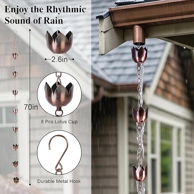 Topadorn Flower Shaped Metal Rain Chains, 8 Cups Rain Catcher Chain for Gutters, Adjustable Length Downspout Replacement, Outdoor Garden Rain Drainage Decor