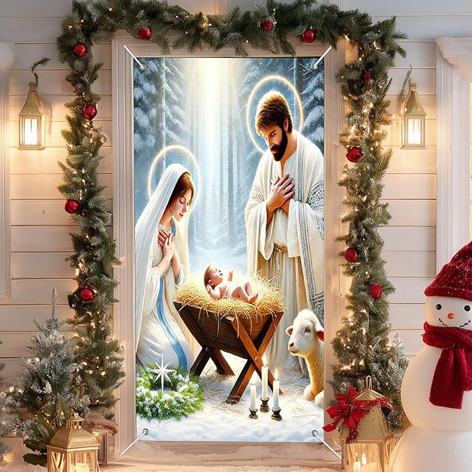 IVN Christmas Door Cover Decoration 71 x 35 in Holiday Banner Holy Night Nativity Scene in Snowy Forest Photo Backdrop Indoor Outdoor for Front Door Party Decorations