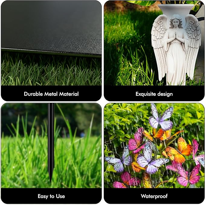 Solar Angel Grave Decorations - Metal Silhouette Memorial Stake with Butterfly Lights, Flat Garden Decor for Cemetery, Sympathy Gift(Angel with Flowers)