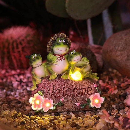 FLOWER EYE Solar Garden Statues - 6.8'' Frog Statue Figurine,Waterproof LED Mother&Sons Sculpture for Outside Yard Pathway Patio,Valentine Mother's Day Birthday Frogs Gifts for Women Mom Grandma