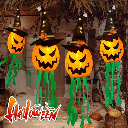 Halloween Decorations Outdoor Halloween Decor Hanging Outdoor Lights Glowing Pumpkin Witch Hat Indoor Ornaments Lights for Party Porch Tree Yard (4Pcs)