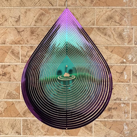 Wind Spinner Garden Indoor Outdoor Decor 3D Stainless Steel Metal Hanging Decorations, Water Droplets Shape Wind Sculptures & Spinners 12inch(Green&Purple),Gifts for Women Mom Dad Friend