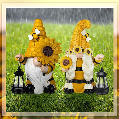 Suzile 2 Pack Sunflower Bee Gnome 9.4 Inch Garden Outdoor Statue Solar with Lantern Lights Gnomes Gifts for Women Outside Sunflower Bee Figurine for Yard Courtyard Lawn Patio Porch Decor