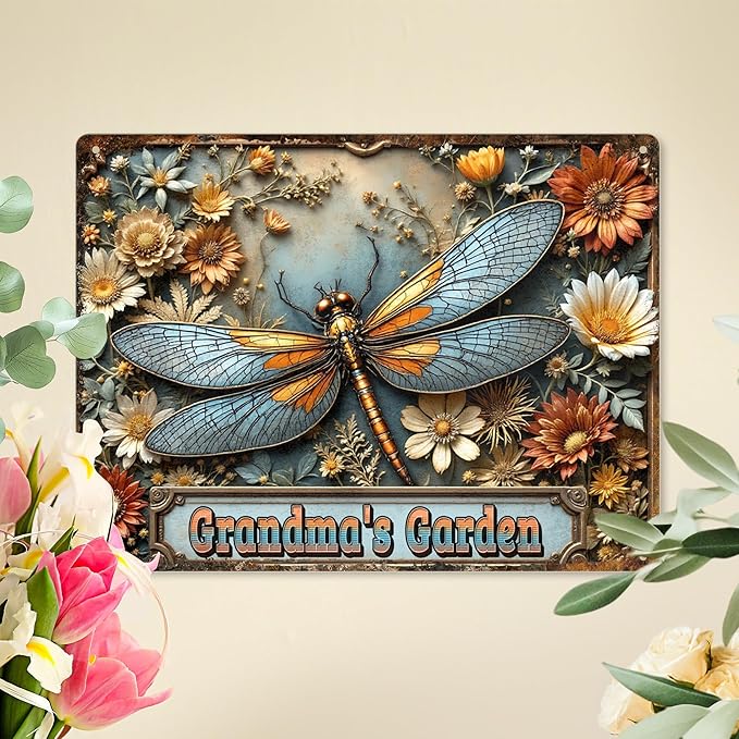 Personalized Metal Signs with Name Made in USA Custom Dragonfly Garden Sign Vintage Decorative Metal Print for Wall Decor Customized Home Garden Ideas Gifts Artwork Prints for Yard Ourdoor