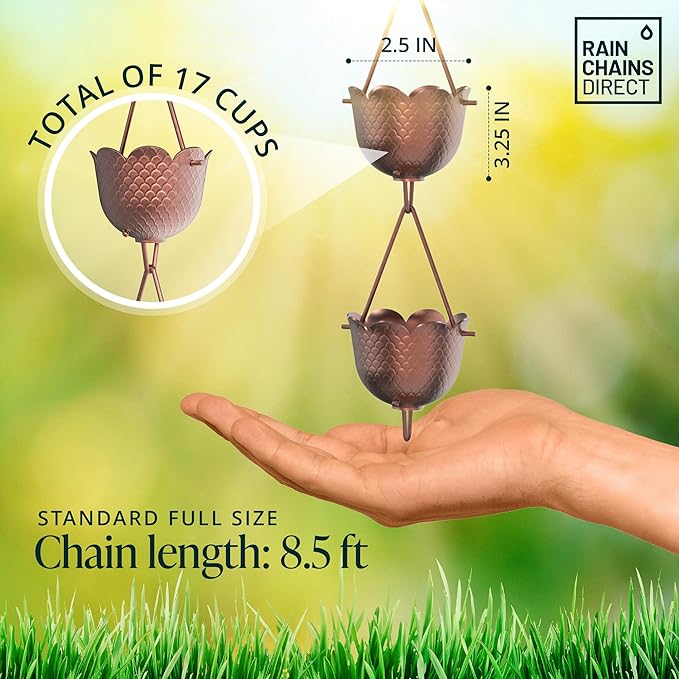 Rain Chains Direct - Pineapple Rain Chain - 8.5 FT - Pure Solid Copper - Premium Rain Chains for Gutters