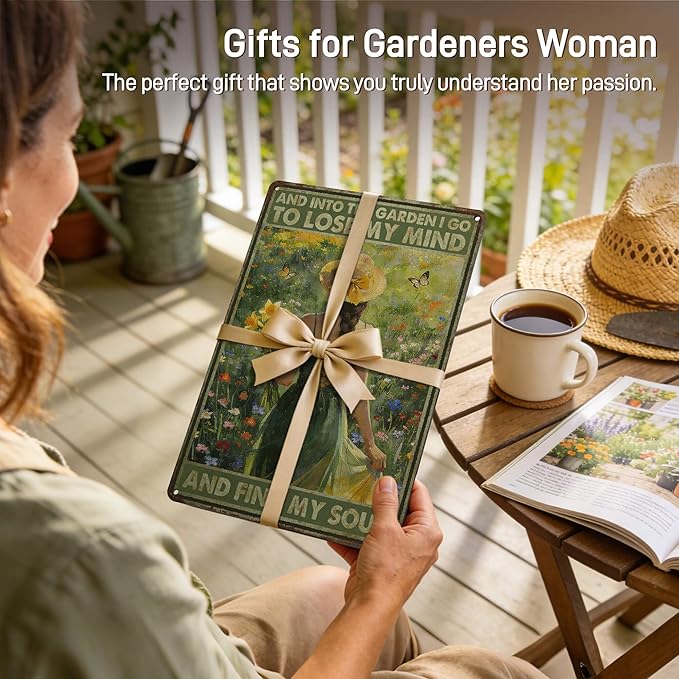 Garden Signs Funny Garden Decor for Outside - Gardening Gifts for Women Gardeners Plant Lovers - And Into the Garden I Go Metal Signs Vintage 12x8 Inch