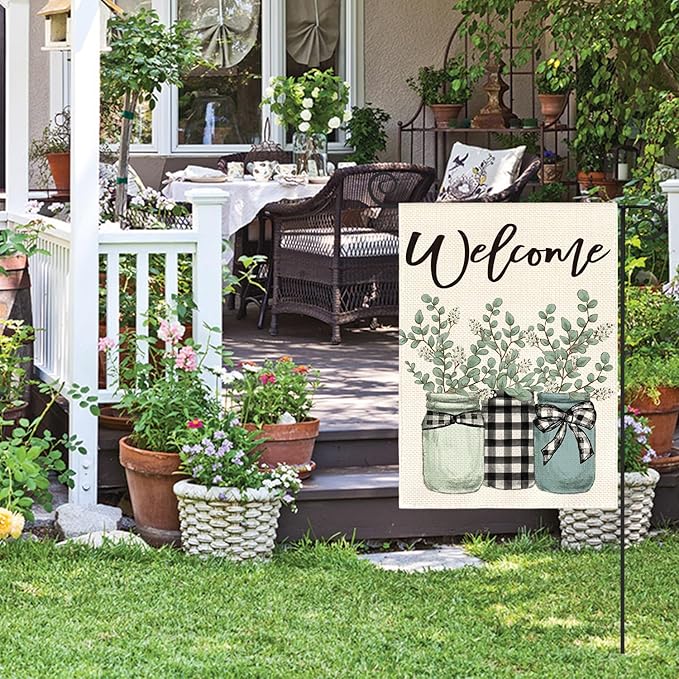 AVOIN colorlife Eucalyptus Mason Jar Spring Summer Garden Flag 12x18 Inch Double Sided Outside, Buffalo Plaid Welcome Yard Outdoor Flag