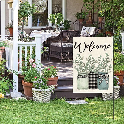 AVOIN colorlife Eucalyptus Mason Jar Spring Summer Garden Flag 12x18 Inch Double Sided Outside, Buffalo Plaid Welcome Yard Outdoor Flag