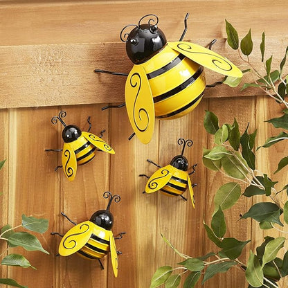 Metal Bumble Bees Garden Outdoor Decor Honey Bee Yard Art Outside Patio Fence Home Wall Decorations (Set of 4)