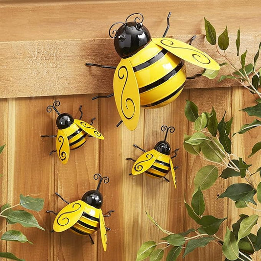 Metal Bumble Bees Garden Outdoor Decor Honey Bee Yard Art Outside Patio Fence Home Wall Decorations (Set of 4)