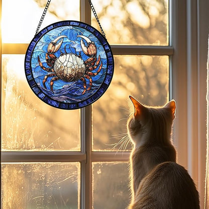 DASTOLL Stained Glass Window Hanging 4 Pcs Set Blue Ocean Waves Large 15" - Starfish Crab Seal Suncatcher Door Garden Sun Catcher Decor Birthday for Mom Woman Nana Men Friend