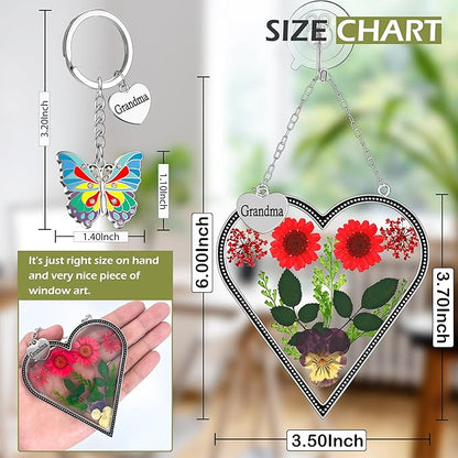 KY&BOSAM Heart Suncatcher for Windows Hangings Grandma Gift Stained Glass Butterfly Suncatcher Pressed Flower Between Heart in Glass Metal Engraved Charm Gift for Women Mother's Day Birthday Christmas