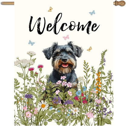 Floral Schnauzer Garden Flag Spring Summer House Flags 28 x 40 Double Sided Flower Dog Yard Flags for Outside Large Outdoor Welcome Flags
