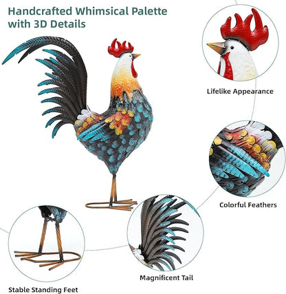 32in Large Metal Rooster Decor, Outdoor Garden Statues, Metal Chicken Sculpture for Backyard Patio Garden Kitchen Décor