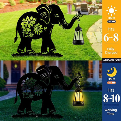 Elephant Solar Garden Stakes, Elephant Silhouette Decorative with Solar Lantern, Metal Garden Decor for Yard,Lawn,Pathway