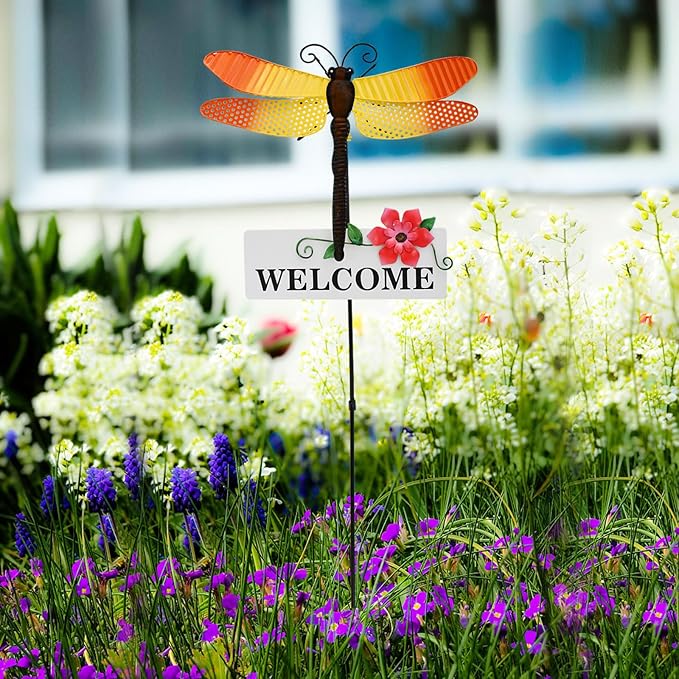 Garden Decor Metal Welcome Yard Stakes Spring Lawn Art Patio Decorative Plant Stake for Flower Pot Pathway Porch Backyard Indoor Outdoor Decoration (Dragonfly)