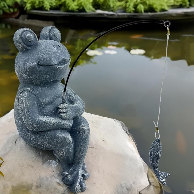 9.5" Fishing Frog Stone Look Sculpture, Whimsical Lawn Yard Art, Funny Garden Pond Fisherman Statue, Resin Animal Decorative Figurine, Ideal for Frog Fishing Lovers