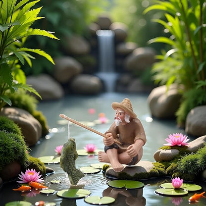 Miniature Fisherman Figurines,Fishing Old Man Ornament Chinese Mudman Sitting Garden Statue Ornament, Outdoor Statues, Garden Sculptures and Statues, Outdoor Décor