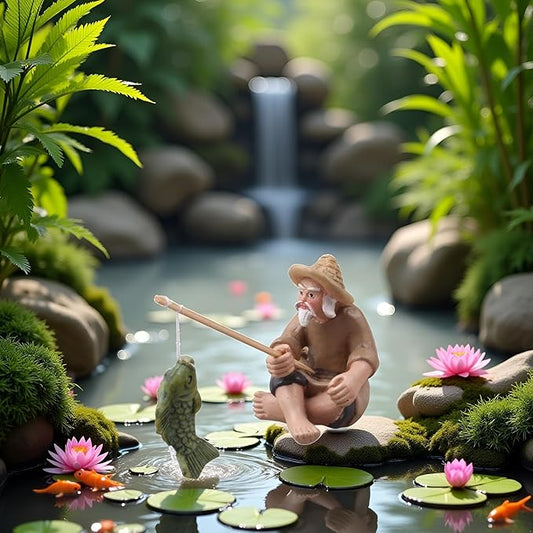 Miniature Fisherman Figurines,Fishing Old Man Ornament Chinese Mudman Sitting Garden Statue Ornament, Outdoor Statues, Garden Sculptures and Statues, Outdoor Décor