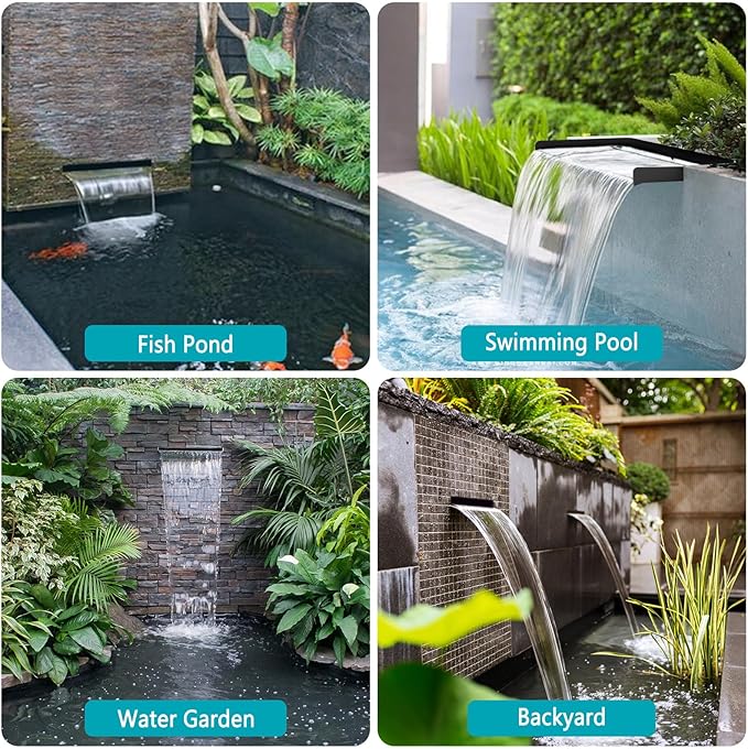 All-in-1 Pond Waterfall Kit with LED Lights, 8 inch Stainless Steel Spillway with 600GPH Water Pump, Outdoor Waterfall Fountain for Water Feature, Garden, Backyard, Pool