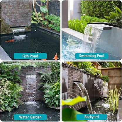 All-in-1 Pond Waterfall Kit with LED Lights, 8 inch Stainless Steel Spillway with 600GPH Water Pump, Outdoor Waterfall Fountain for Water Feature, Garden, Backyard, Pool