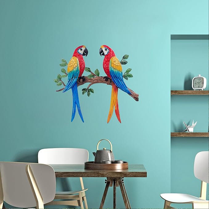 Limygus Metal Tropical Two Parrot Wall Art, Colorful Macaw Birds on Branch, Indoor Outdoor Garden Decor, Hand-Painted Hanging Decoration for Patio, Fence, Living Room, Bedroom, Balcony