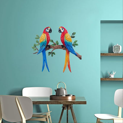 Limygus Metal Tropical Two Parrot Wall Art, Colorful Macaw Birds on Branch, Indoor Outdoor Garden Decor, Hand-Painted Hanging Decoration for Patio, Fence, Living Room, Bedroom, Balcony