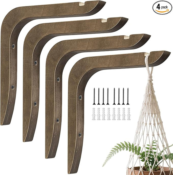 USION Wooden Plant Hangers Indoor Wall Mount, 8.6-Inch Hanging Plant Hooks for Wall, Basket Hooks for Lanterns, Flower Bracket, Wind Chimes, Light, Bird Feeders Decoration (Brown 4PCS)