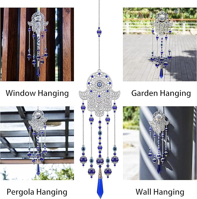 Crystal Prism Suncatcher Ornament for Christmas Tree with Hamsa Fatima Hand Protection Charm Turkish Greek Blue Evil Eye Sapphire Crystals Beads for Window Hanging Decoration