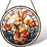 7.88'' Stained Glass Window Hanging, Colorful Rabbit Sun Catchers Glass Panel Flowers Bunny Suncatcher Decor with Hook Chain for Mother's Day Birthday for Women, Men, Wife, Aunt, and Mom