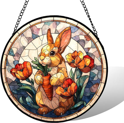 7.88'' Stained Glass Window Hanging, Colorful Rabbit Sun Catchers Glass Panel Flowers Bunny Suncatcher Decor with Hook Chain for Mother's Day Birthday for Women, Men, Wife, Aunt, and Mom