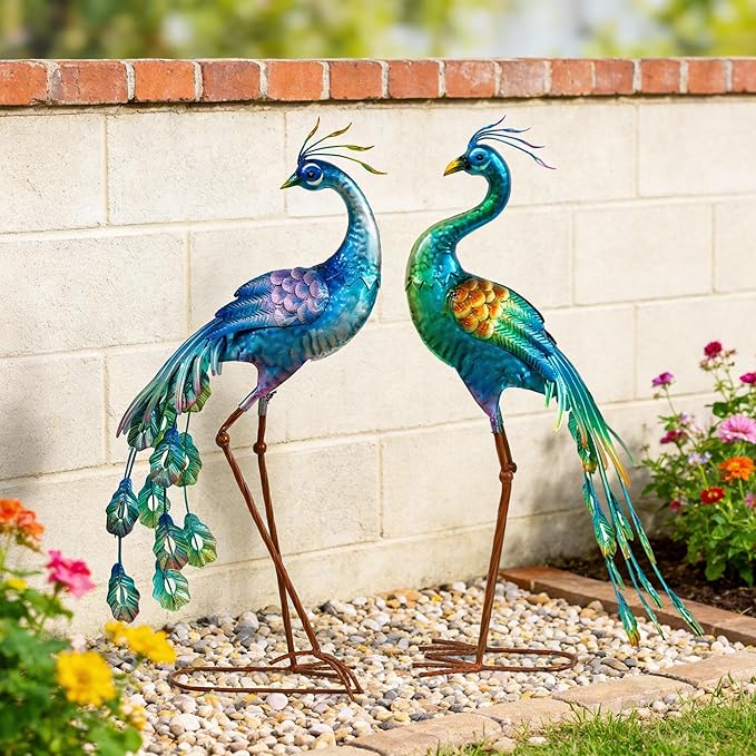 chisheen Metal Peacock Statue Garden Decor Yard Art Decoration Outdoor Sculpture,Set of 2,Housewarming Birthday for Women Mom
