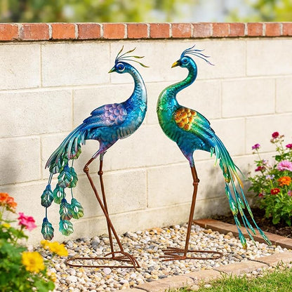 chisheen Metal Peacock Statue Garden Decor Yard Art Decoration Outdoor Sculpture,Set of 2,Housewarming Birthday for Women Mom
