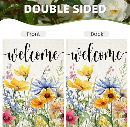 Welcome Summer Flowers Garden Flags for Outside, Watercolor Floral Yard Decoration, Small Seasonal Spring Outdoor Decor for Farmhouse Holiday,12x18 Inch Double Sided