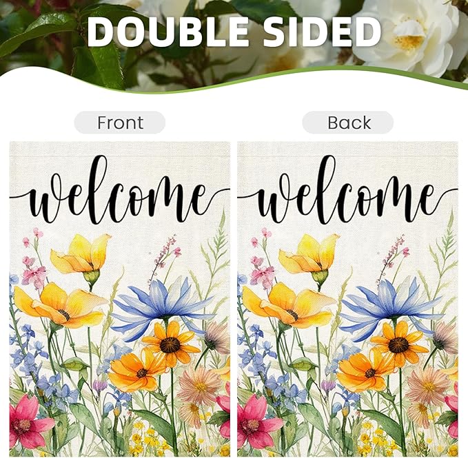 Welcome Flowers House Flags for Outdoor Decoration, Spring Watercolor Floral Large Yard Flag, Decorative Summer Celebration Decor for Seasonal Farmhouse Holiday Outside 28x40 Inch Vertical