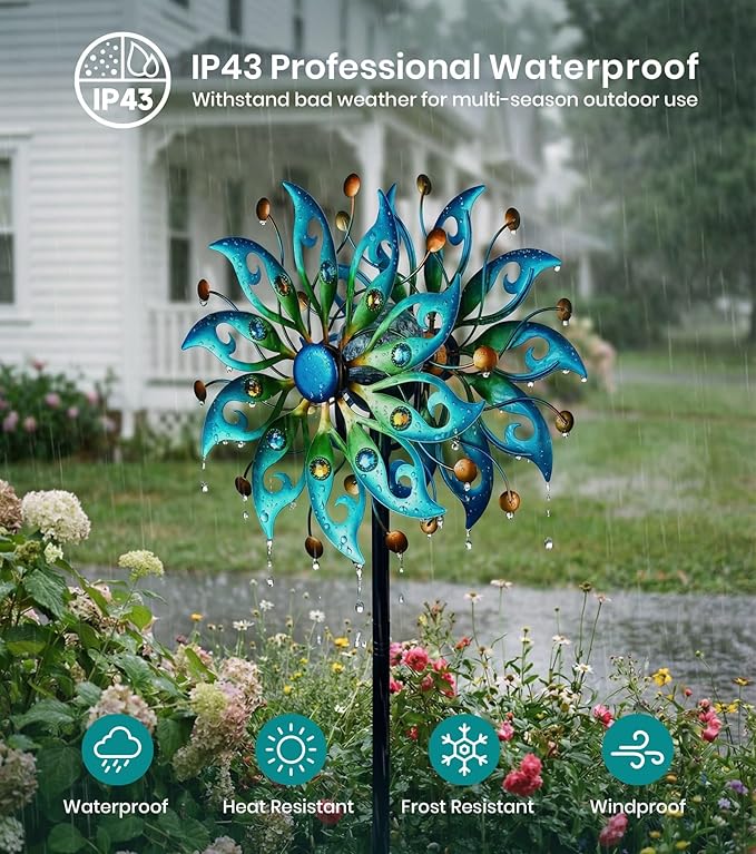 Solar Wind Spinners Outdoor – H63xW13 Metal Kinetic Garden Spinner with Crackle Glass Ball & Built-in Solar Panel – Peacock-Style Yard Wind Sculpture with LED Light