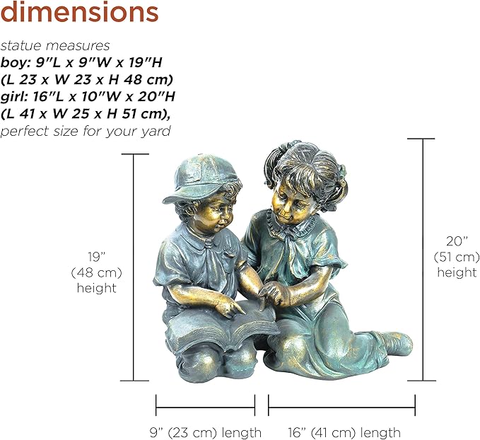 Alpine Corporation GXT258A Outdoor Finely Sculpted Boy and Girl Reading Book Garden Statue, 19"H, Bronze