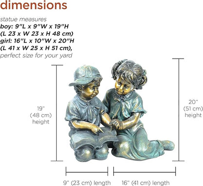 Alpine Corporation GXT258A Outdoor Finely Sculpted Boy and Girl Reading Book Garden Statue, 19"H, Bronze