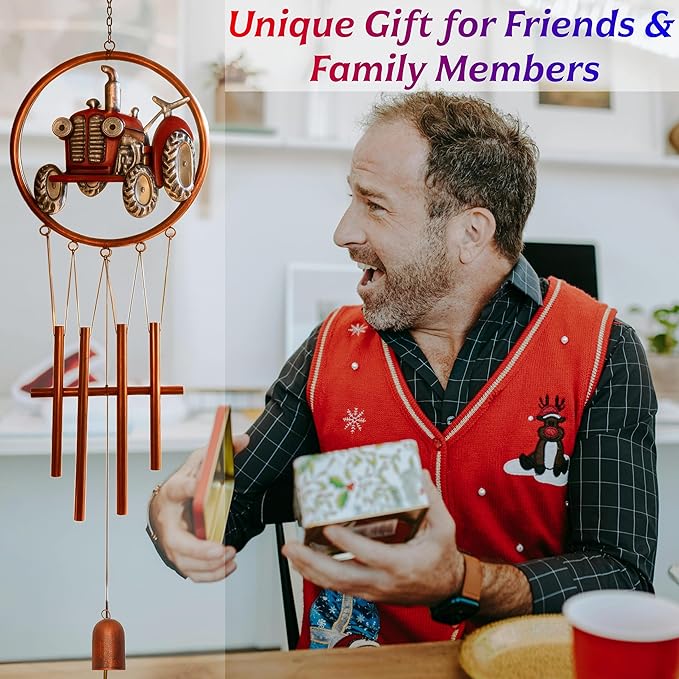 41.34″ Long Vintage Farm Tractor Wind Chimes for Outdoors - Hand-Painted Red Metal Art for Garden, Patio, Porch - Unique Nostalgic Gift for Dad, Grandpa, Farmers & Childhood Memory Decor