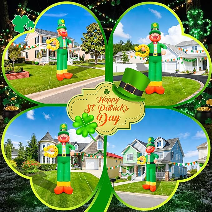 12Ft Giant St Patricks Day Inflatable Leprechaun with Horseshoes St Patricks Blow Up Inflatable Yard Decorations St Patricks Day Blow Up for Outdoor Garden Lawn Party(with Drawstring Bag)