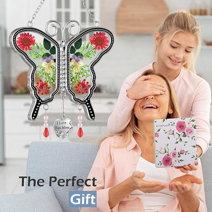 KY&BOSAM Metal Transparent Glass Butterfly Suncatcher with I Love You Mom Engraved Tag Real Preserved Dried Flower Window Hanging Ornament Garden Home Wall Decor Mothers Day Birthday Gift for Mom Nana