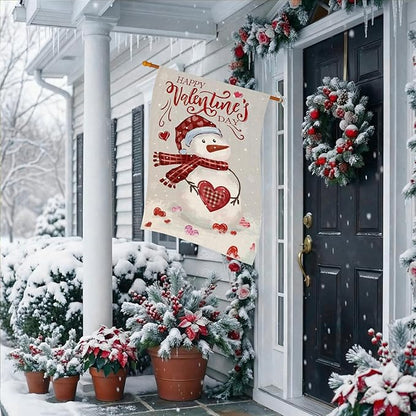 Happy Valentine’s Day House Flags for Outdoor Decoration, Watercolor Snowman with Love Hearts Large Yard Flag,Seasonal Decorative Decor for Holiday Anniversary Wedding Outside 28x40 Inch Double Sided